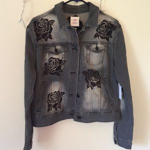 Grey and black denim jacket with floral print